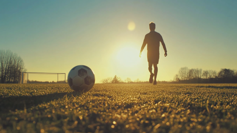 A Soccer Player Walking Towards a Ball on A Field During Sunset