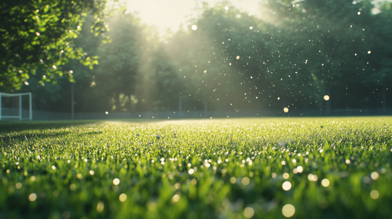 A Sunny Soccer Field with Green Grass and Dust in The Air